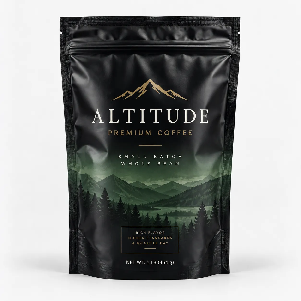 Black premium coffee bag packaging design for Altitude Coffee, gold mountain logo, dark forest landscape, 1lb whole bean