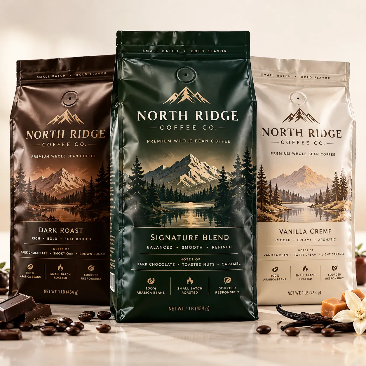 Three North Ridge Coffee Co premium whole bean coffee bags in dark brown, forest green, and cream displaying Dark Roast, Signature Blend, and Vanil...