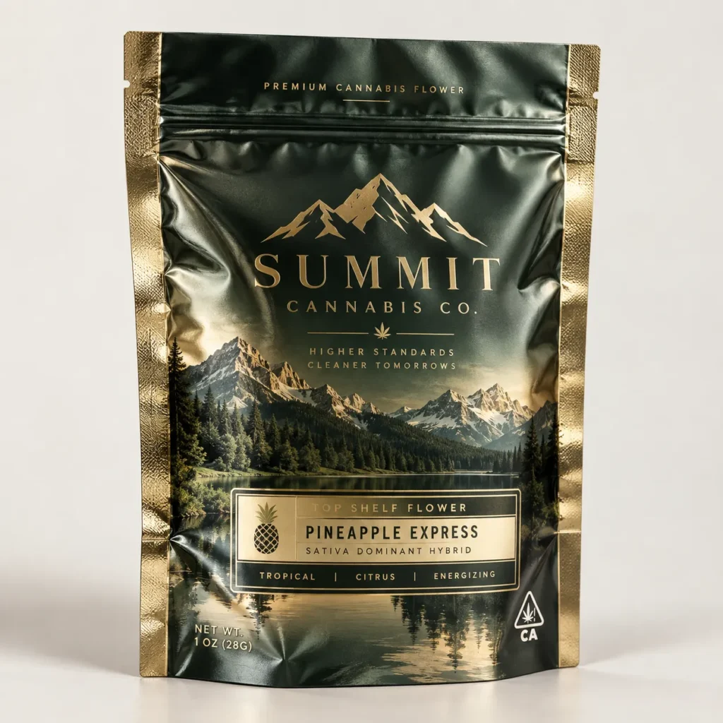 Summit Cannabis Co Pineapple Express 1oz mylar bag, dark green gold foil, mountain lake landscape, premium cannabis flower packaging