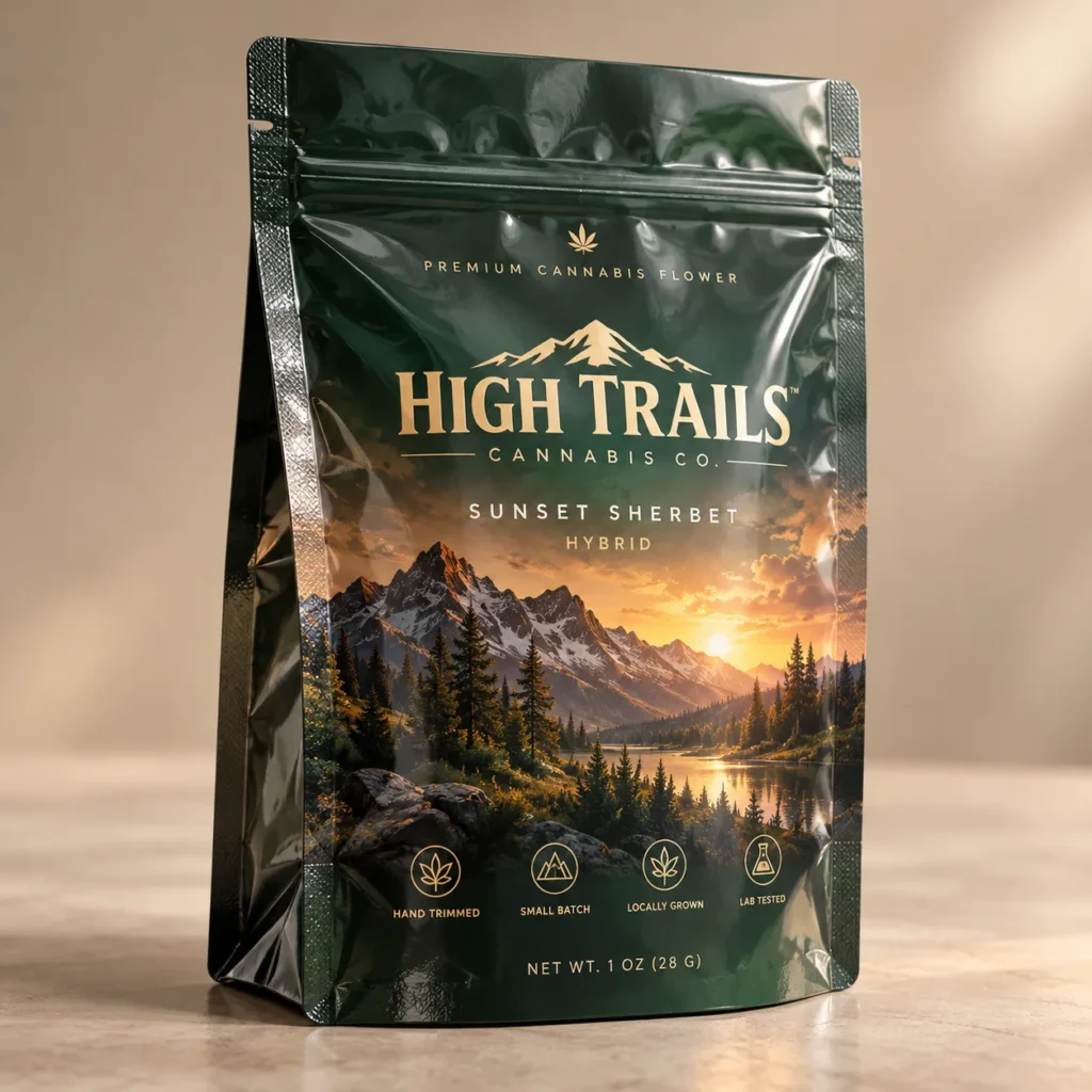 Dark green glossy cannabis mylar bag for High Trails Cannabis Co. Sunset Sherbet Hybrid, 1oz, with mountain sunset design