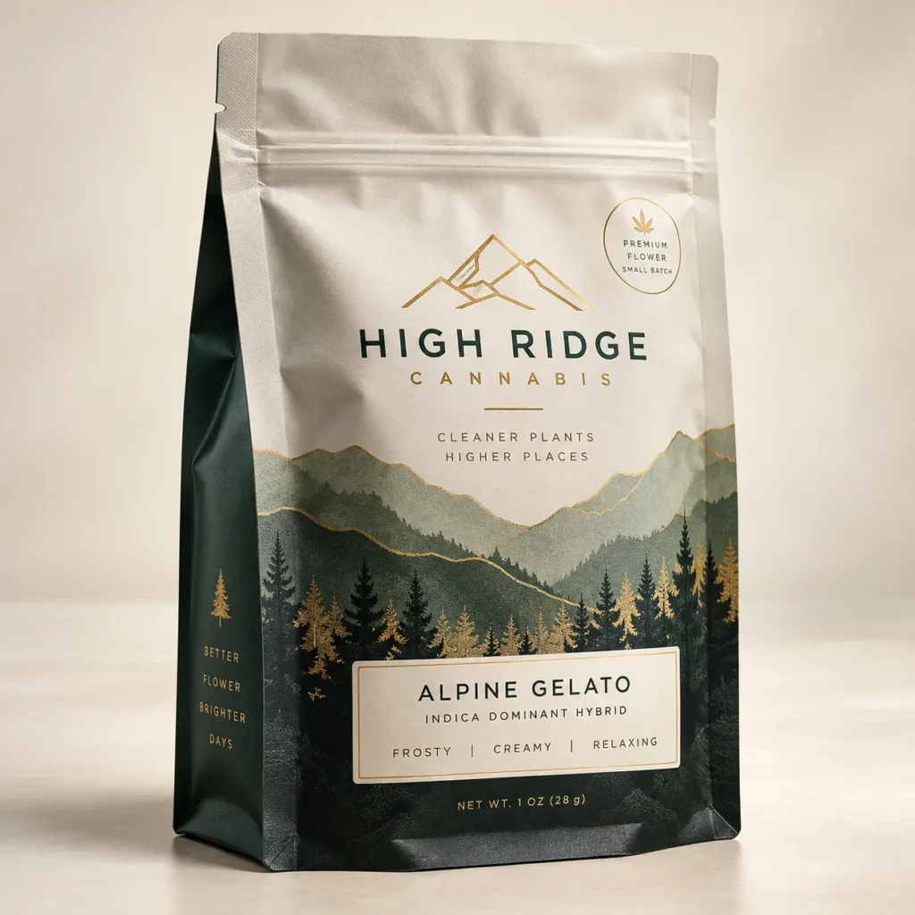Premium cannabis packaging design for High Ridge Alpine Gelato, white and dark green resealable pouch with gold mountain illustration