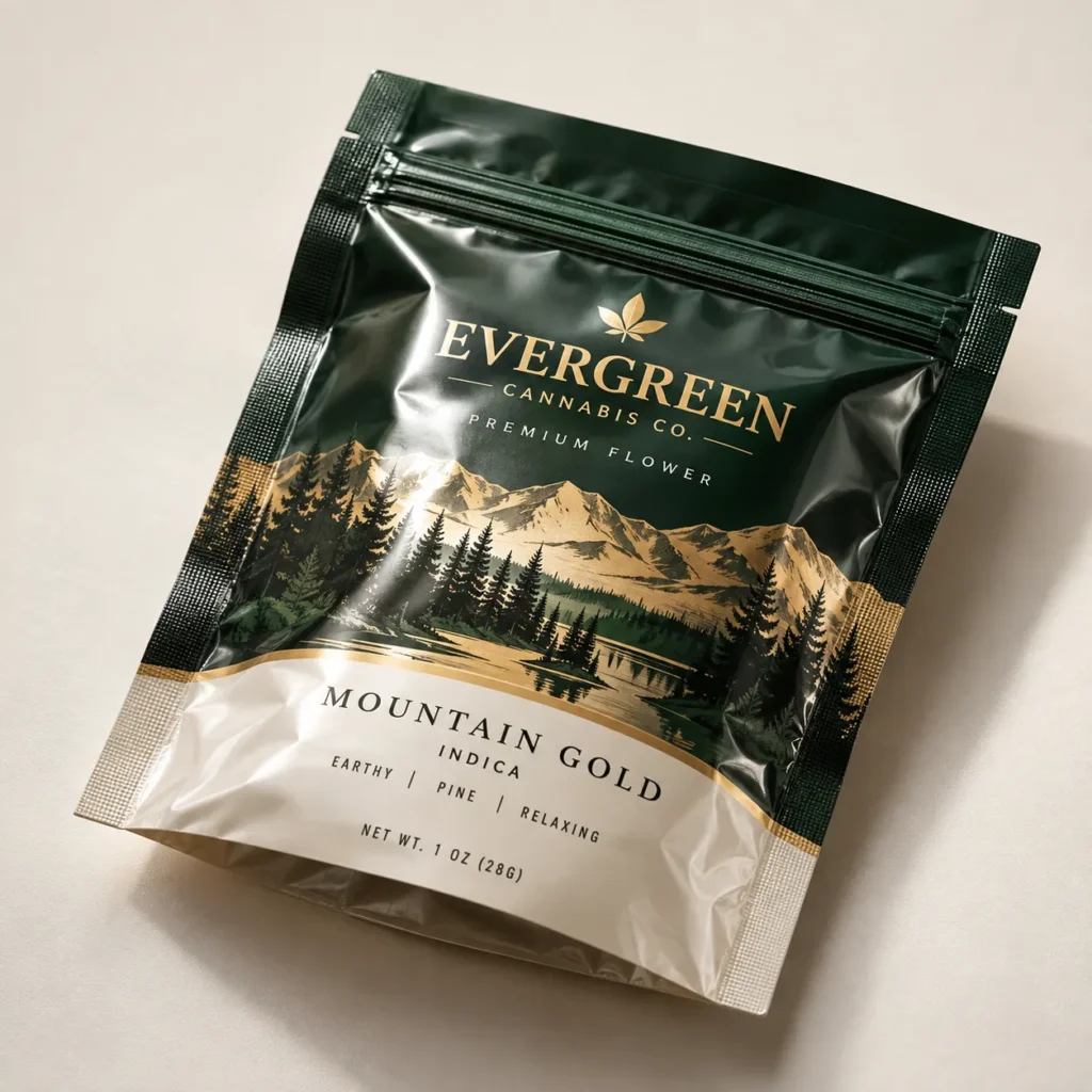 Dark green and gold cannabis flower packaging bag for Evergreen Cannabis Co. Mountain Gold Indica, 1oz premium mylar pouch