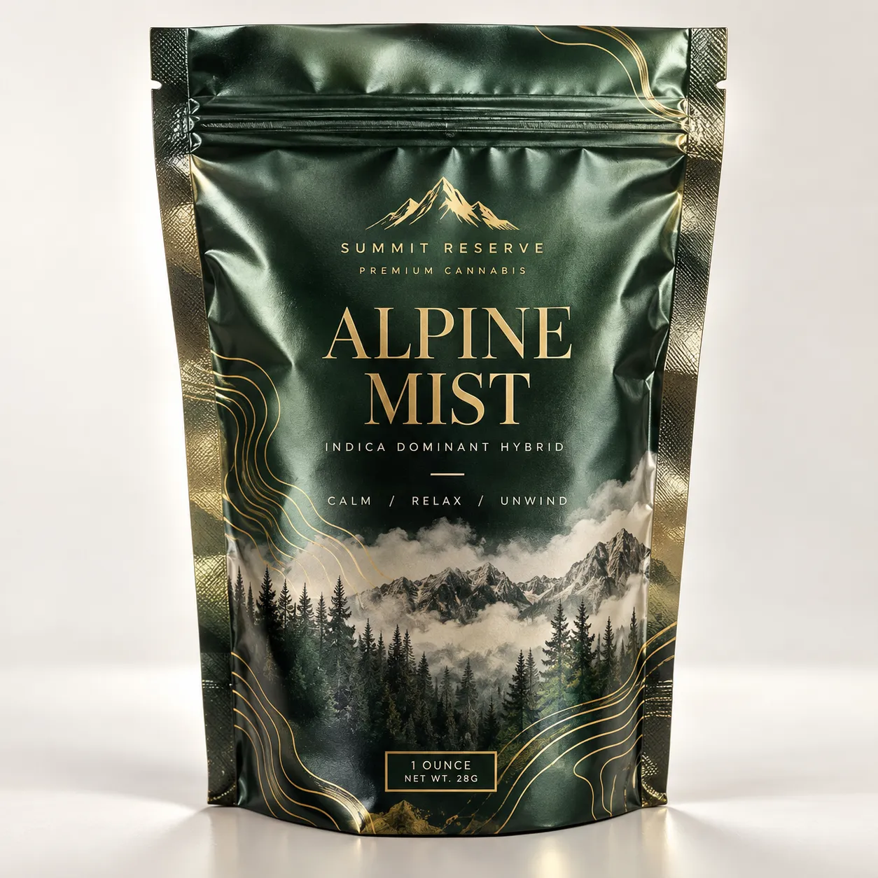 Dark green cannabis mylar bag with gold foil accents featuring Alpine Mist indica hybrid strain by Summit Reserve, 1oz premium packaging design