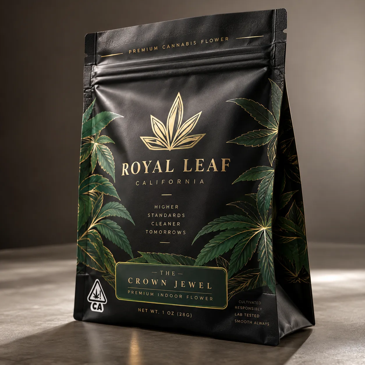 Black matte cannabis flower packaging bag with gold Royal Leaf California Crown Jewel branding, premium 1oz resealable pouch design