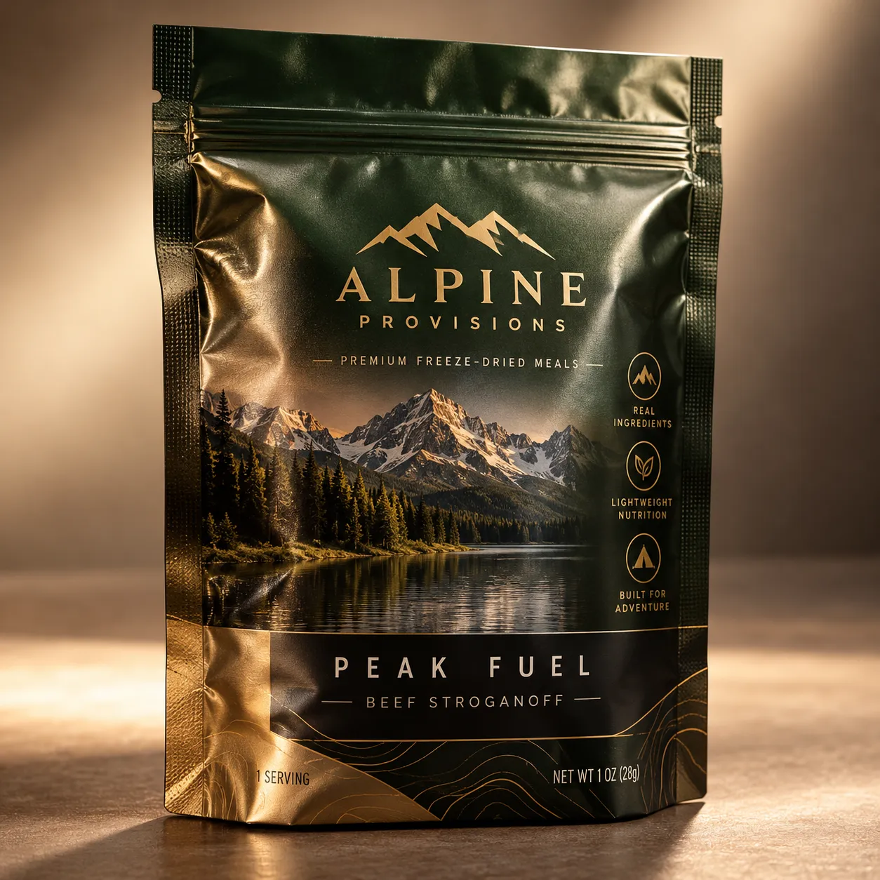 Dark green and gold freeze-dried meal pouch "Alpine Provisions Peak Fuel Beef Stroganoff" with mountain lake scenic packaging design