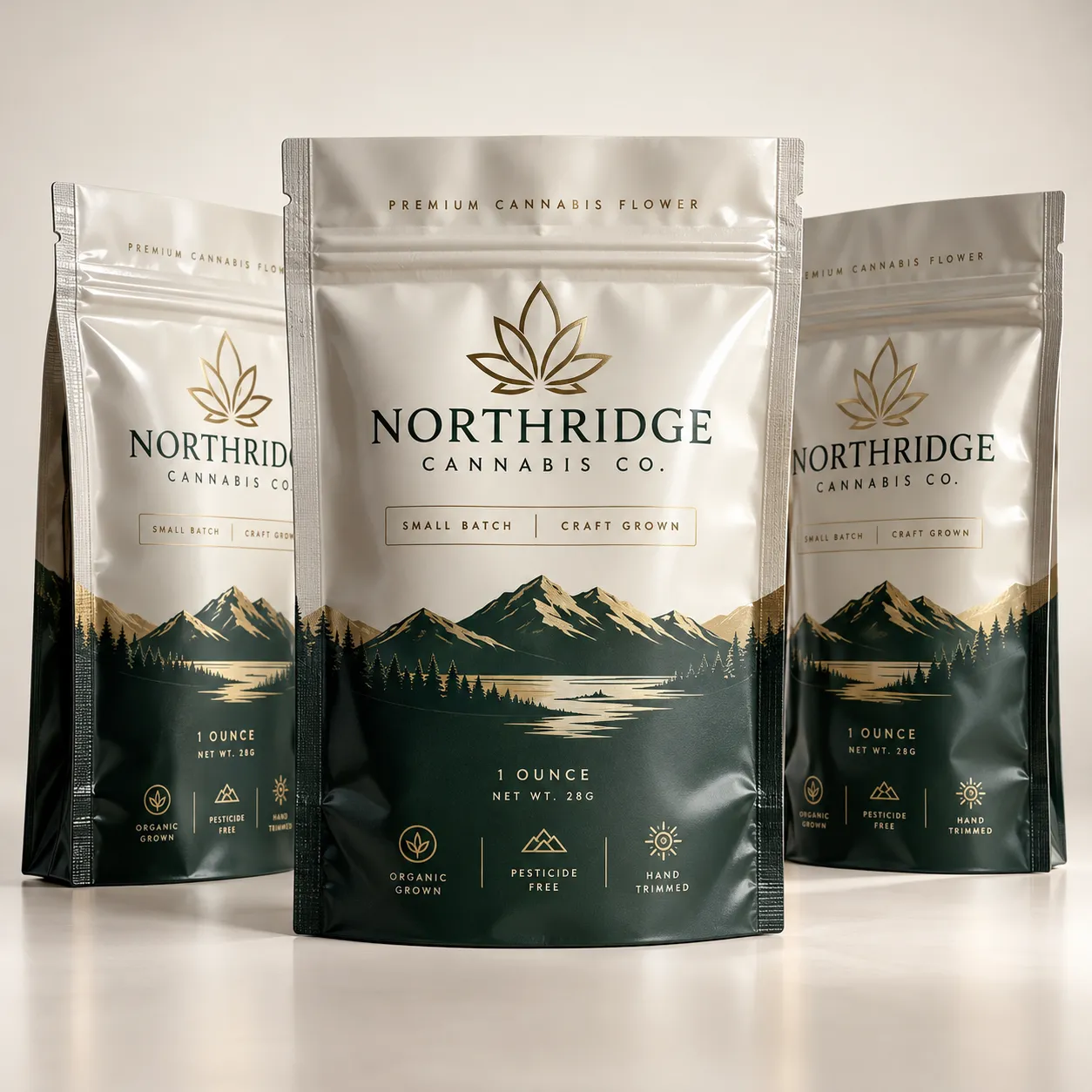 Three premium cannabis flower mylar bags, Northridge Cannabis Co., dark green gold mountain design, 1oz craft packaging