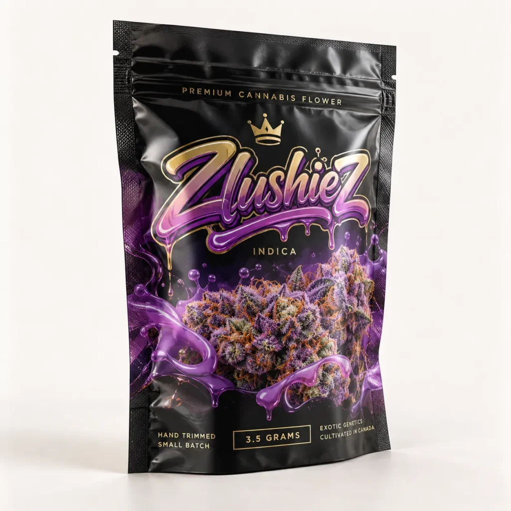 Black mylar cannabis packaging bag for Zlushiez Indica strain, purple drip design, gold crown logo, 3.5g, cultivated in Canada