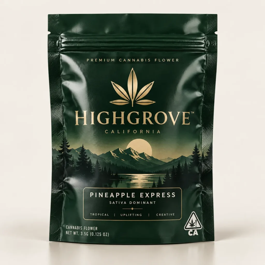 Dark green cannabis mylar bag packaging for Highgrove California Pineapple Express Sativa, gold logo, mountain landscape design, 3.5g