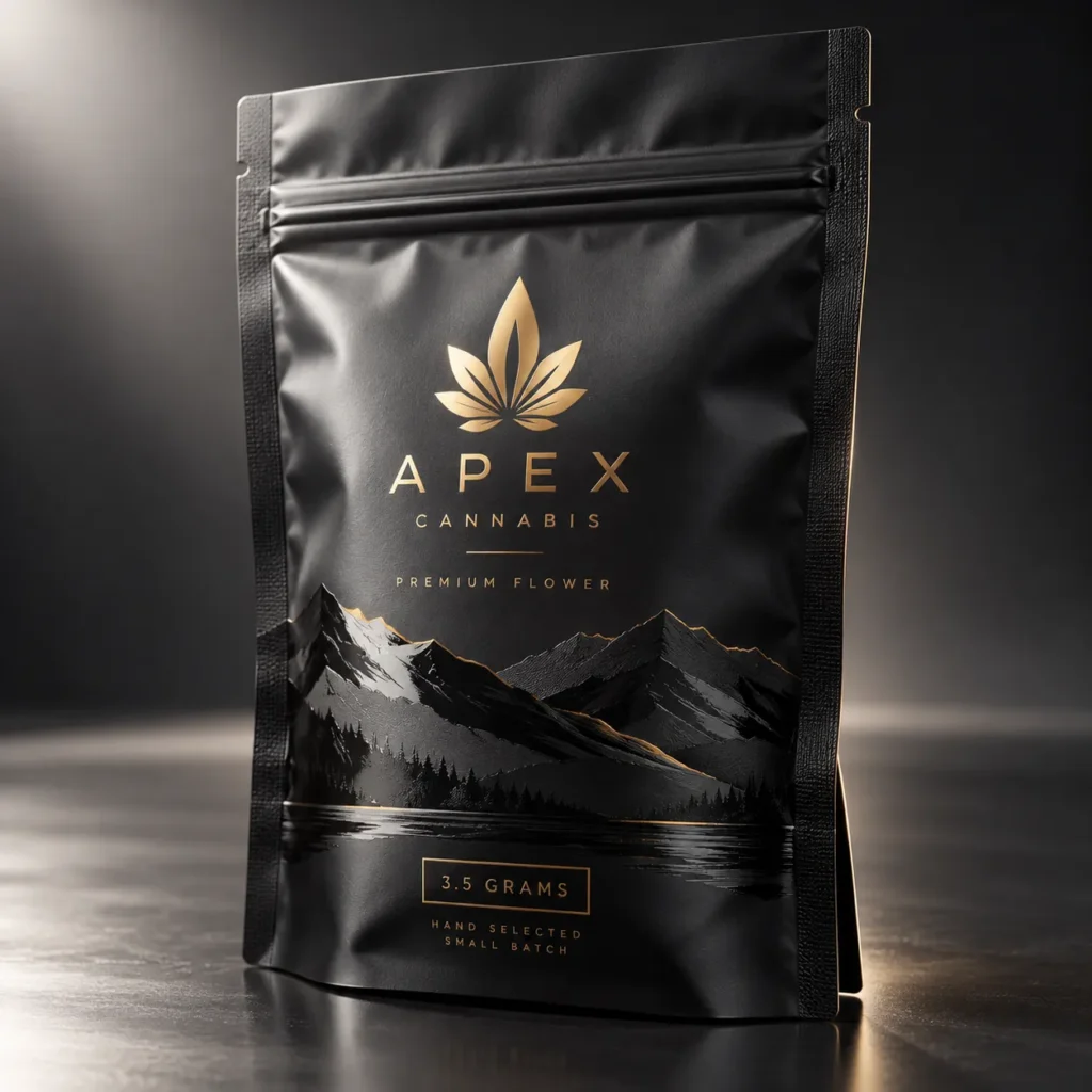 Black matte cannabis mylar bag with gold Apex Cannabis Premium Flower branding, mountain design, 3.5g, luxury custom packaging