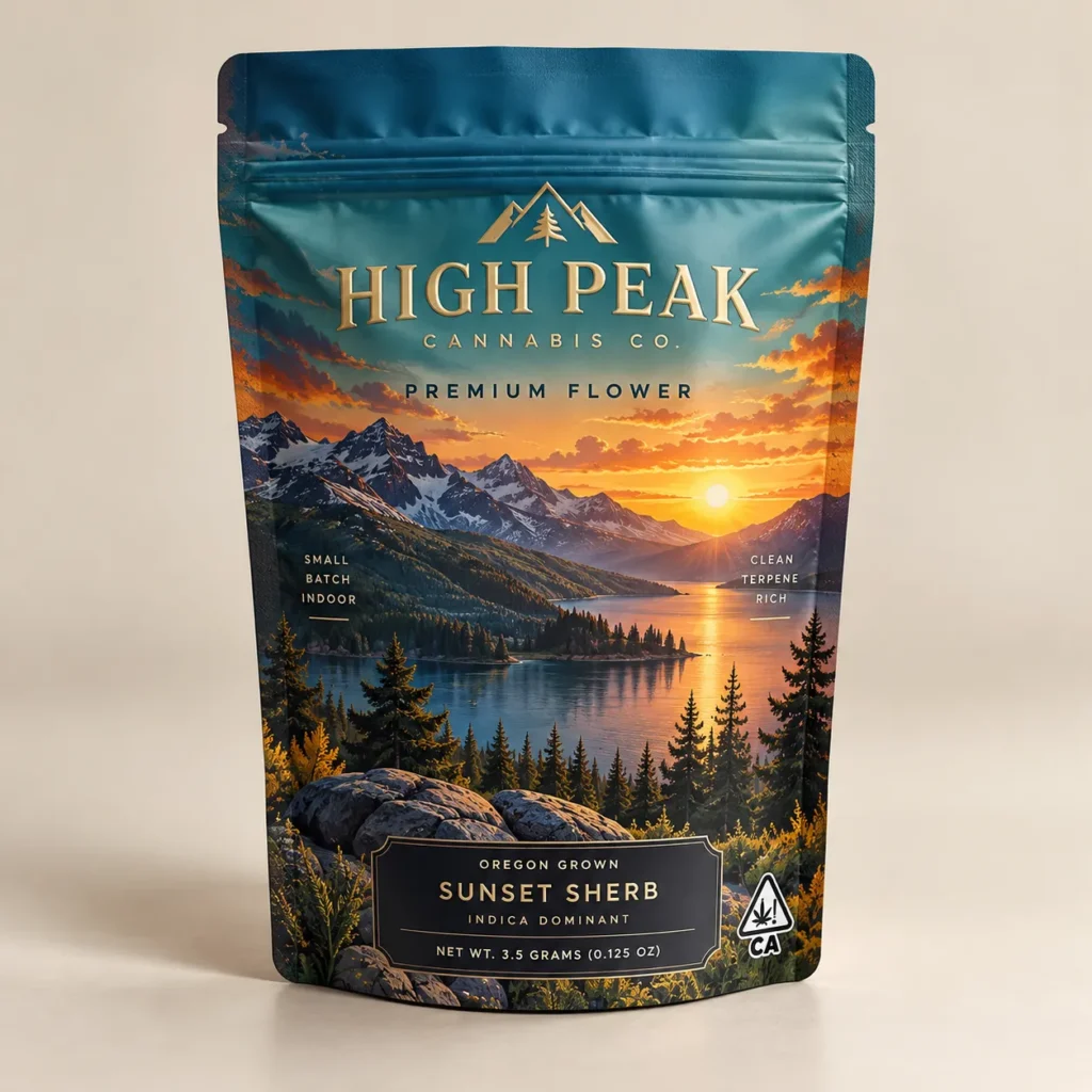 High Peak Cannabis Co. Sunset Sherb indica 3.5g mylar bag with mountain sunset landscape, teal and gold premium packaging design