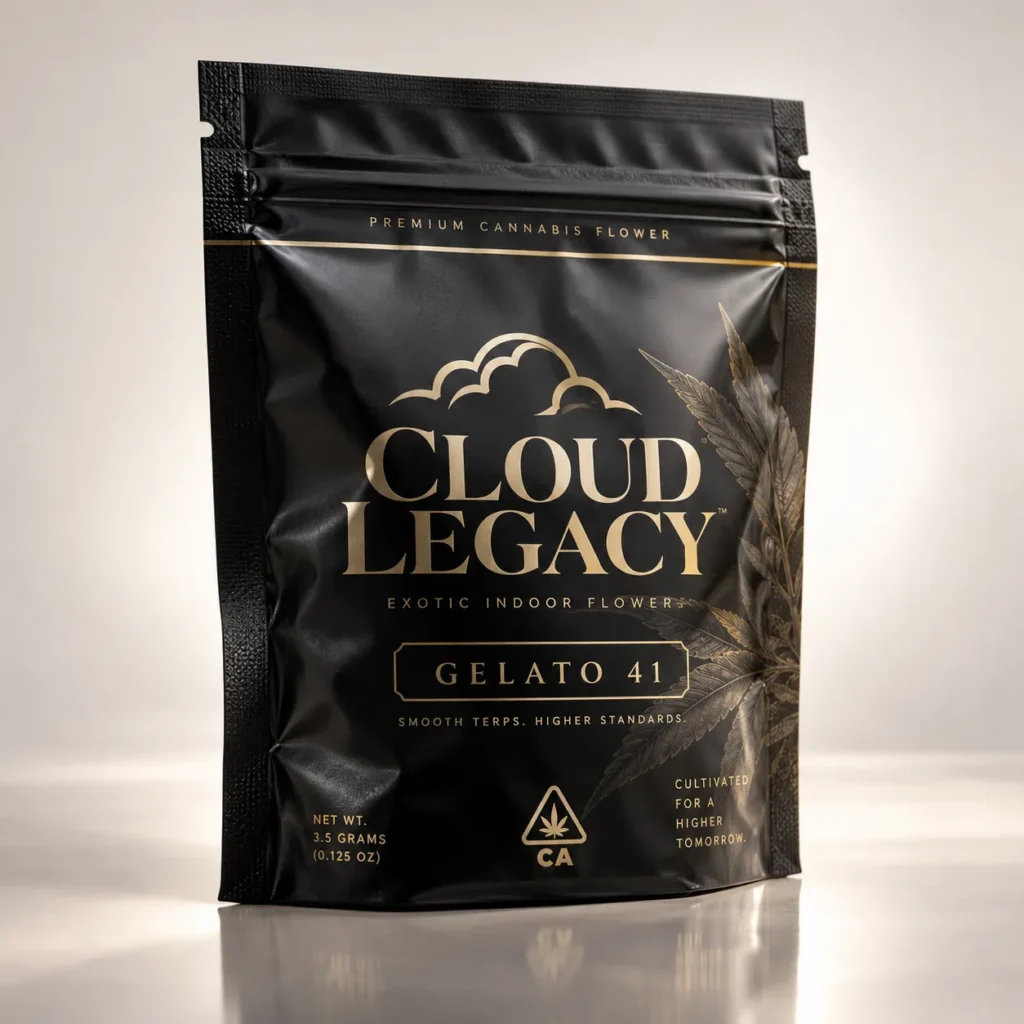 Black matte cannabis packaging bag for Cloud Legacy Gelato 41 premium flower, gold typography, luxury branding, 3.5g resealable pouch