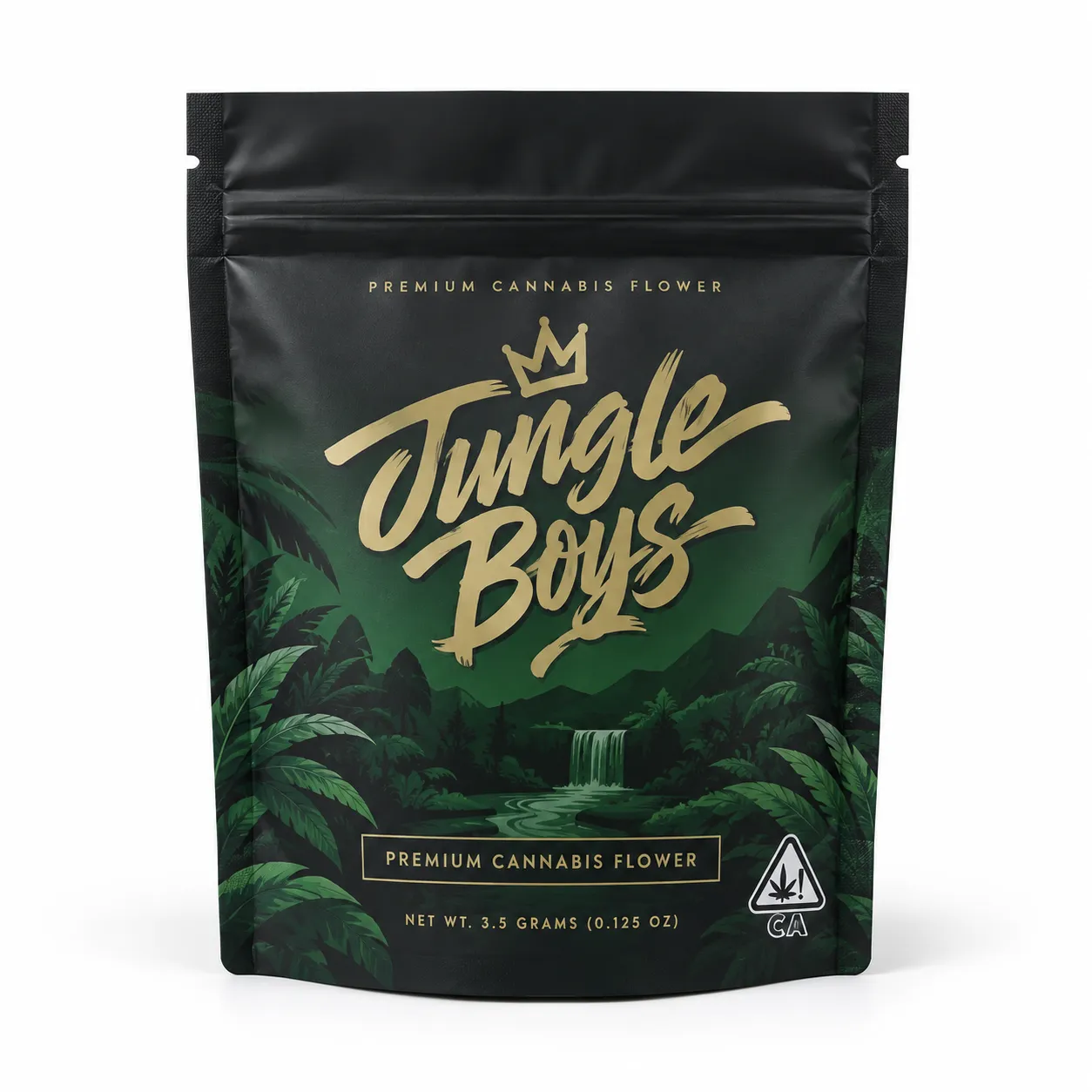 Black Jungle Boys premium cannabis flower mylar bag 3.5g with gold script logo, green jungle landscape, CA compliant packaging