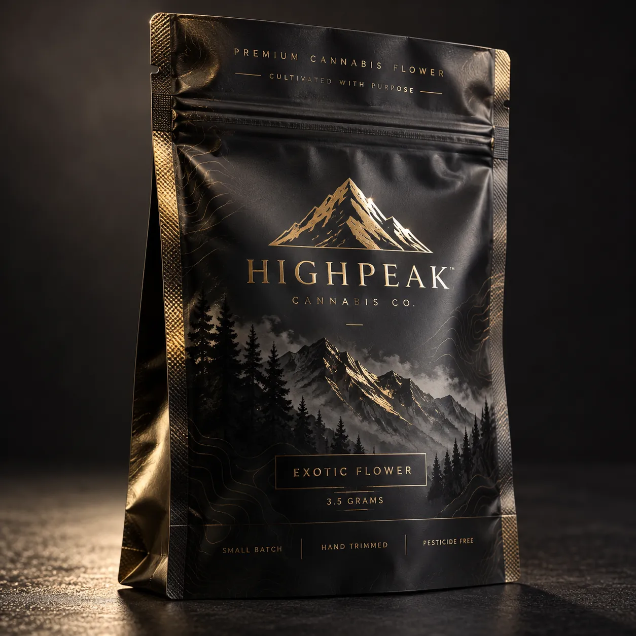 Matte black gold foil cannabis packaging bag High Peak Cannabis Co Exotic Flower 3.5g premium mylar pouch luxury branding design