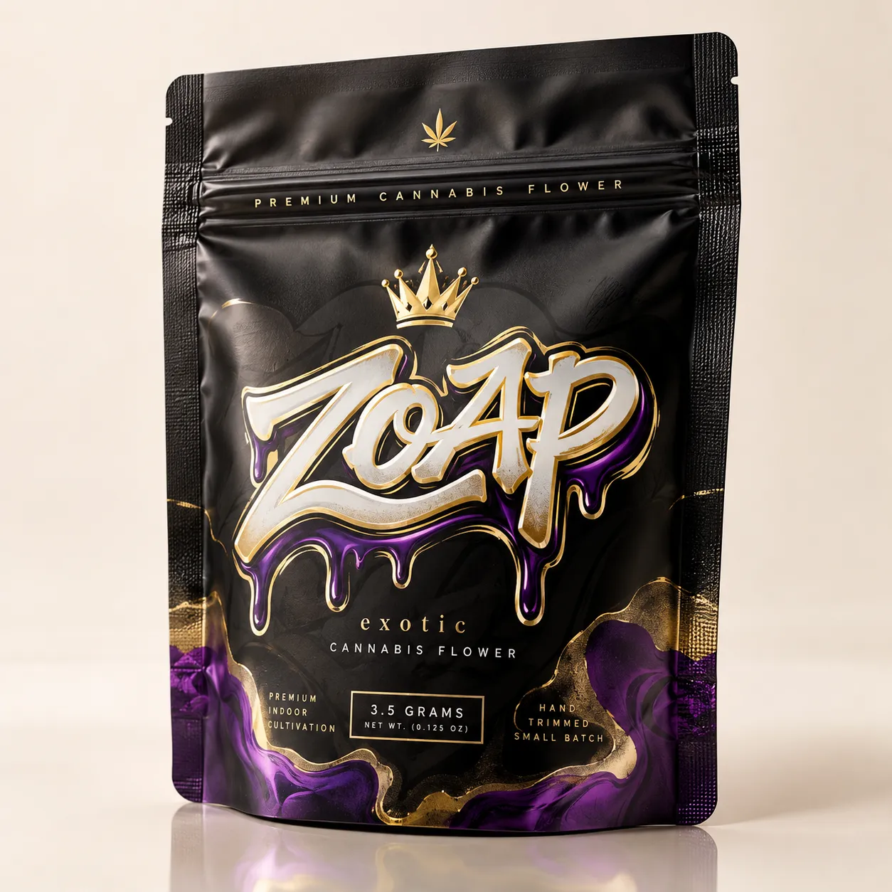 Black mylar cannabis flower bag with gold crown, purple drip design, ZOAP exotic strain branding, 3.5g premium packaging