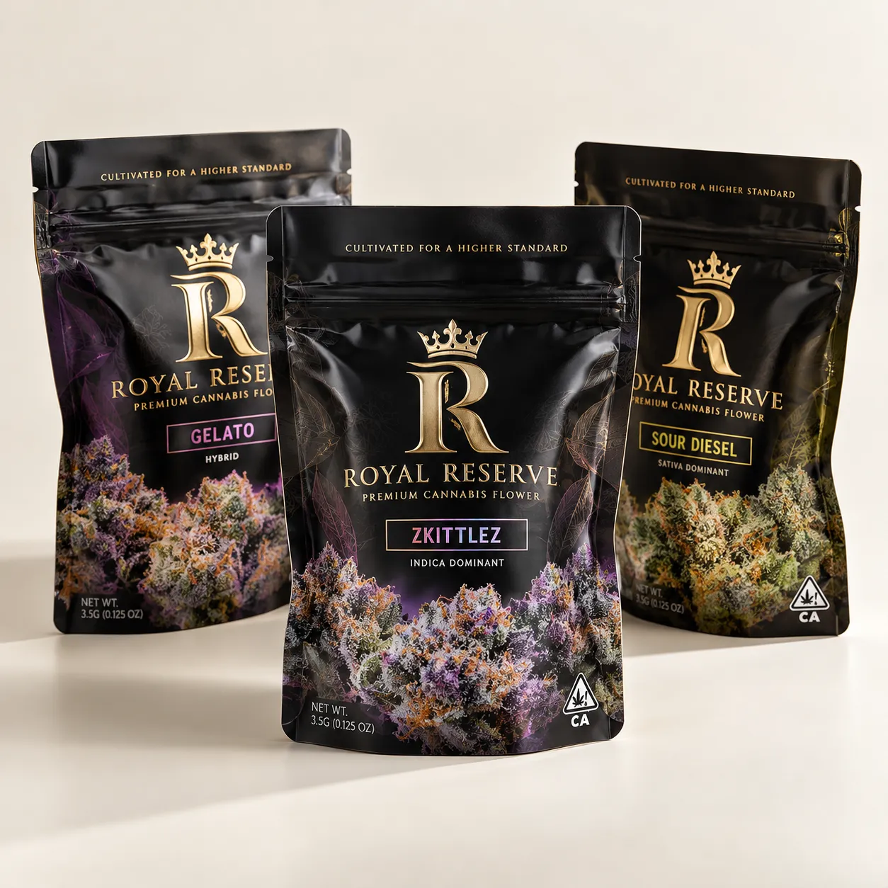 Three Royal Reserve premium cannabis flower mylar bags in black and gold featuring Zkittlez, Gelato, and Sour Diesel strains