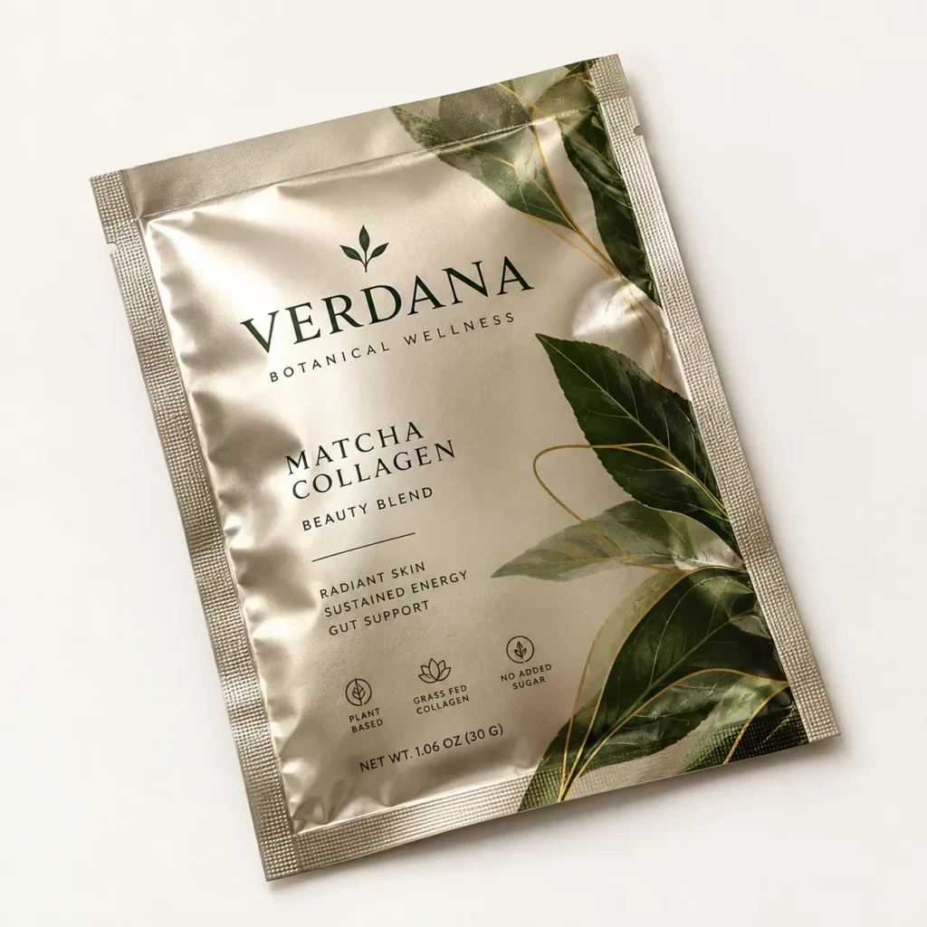 Verdana Botanical Wellness Matcha Collagen Beauty Blend silver foil single-serve packet with green tea leaves, premium supplement packaging design
