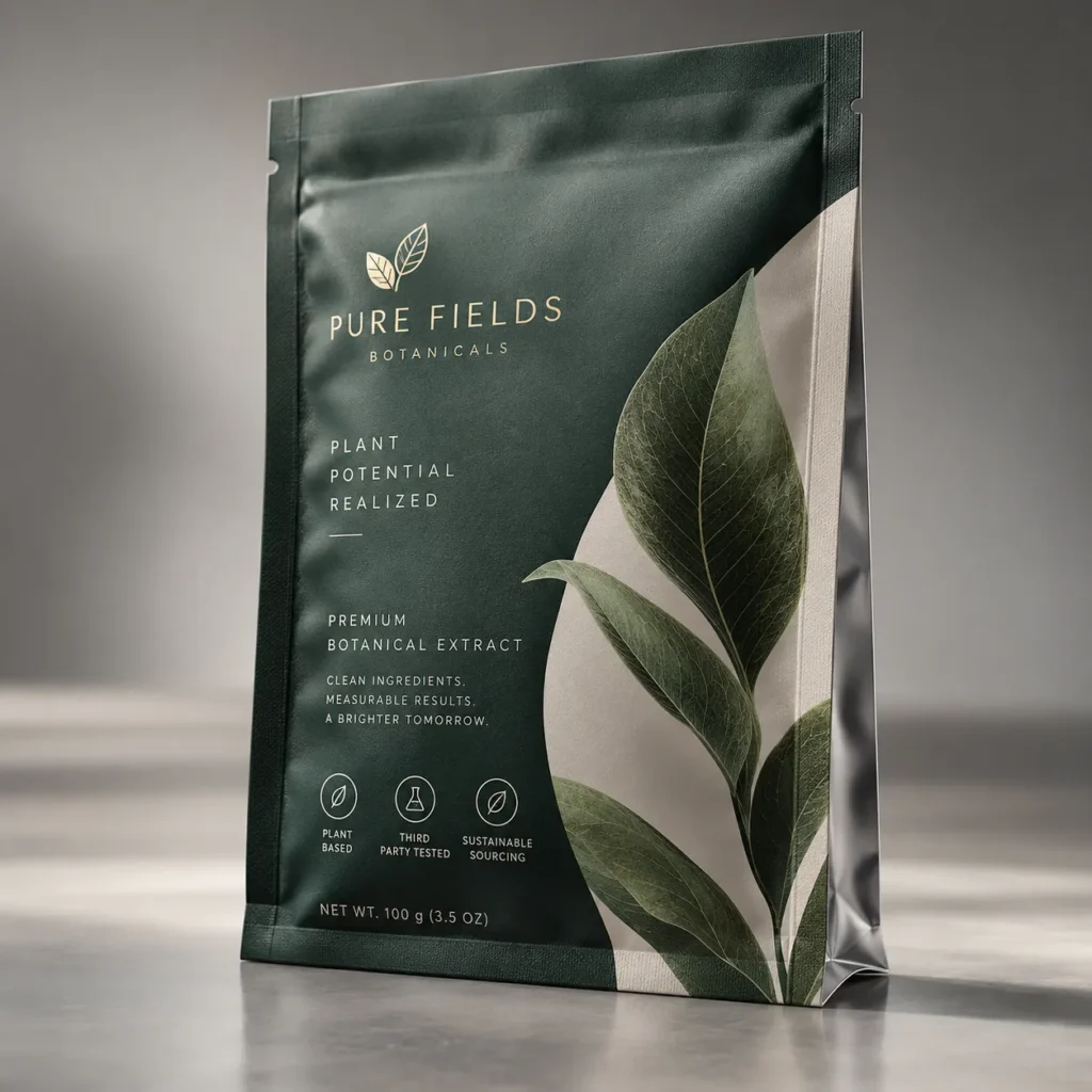 Dark green premium botanical extract pouch by Pure Fields Botanicals with gold logo, leaf design, 100g sustainable packaging
