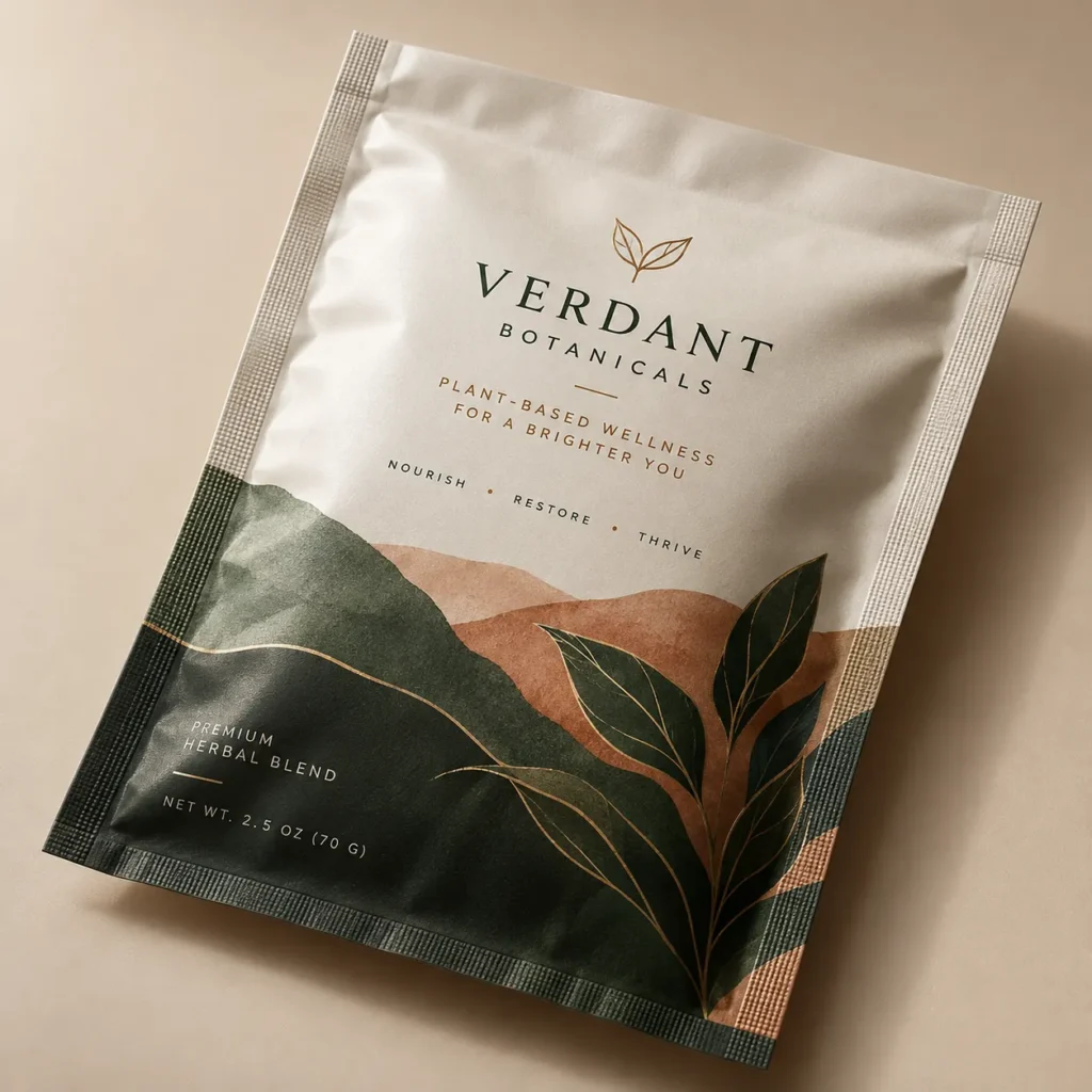 Verdant Botanicals premium herbal blend pouch packaging, earthy green and terracotta botanical design, 2.5oz minimalist wellness bag