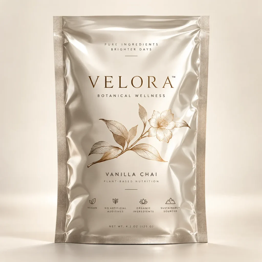 Velora Botanical Wellness vanilla chai plant-based nutrition pouch in pearl silver with gold floral illustration, elegant premium packaging design