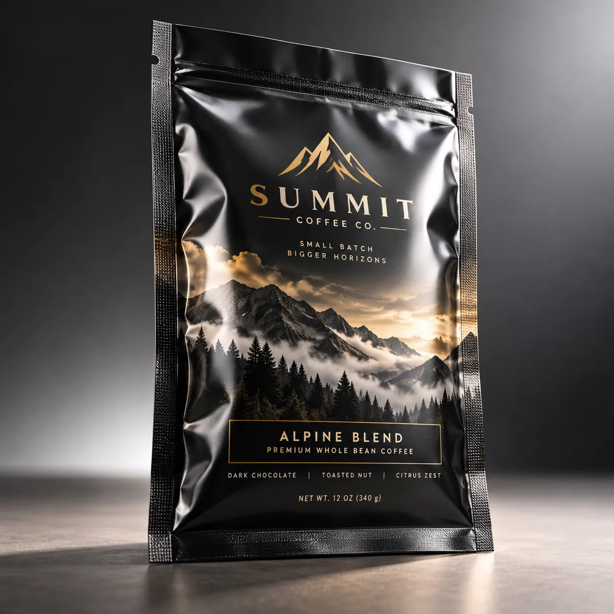 Black glossy coffee bag packaging for Summit Coffee Co Alpine Blend premium whole bean coffee with gold mountain logo