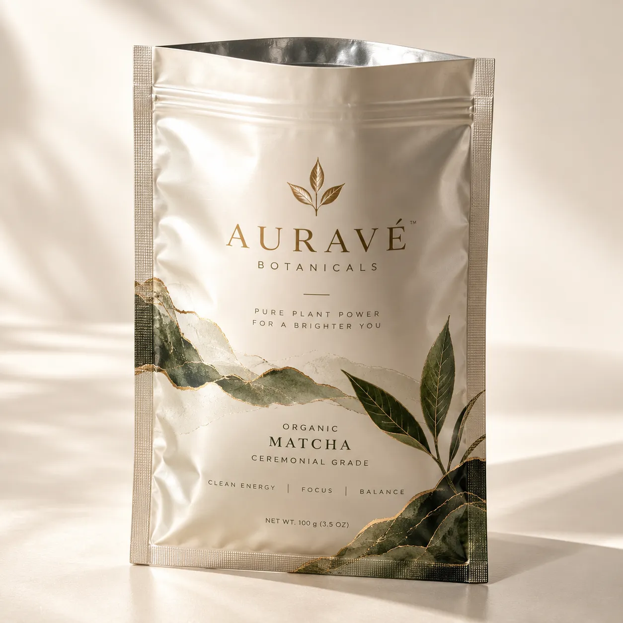 Auravé Botanicals organic ceremonial grade matcha pouch, pearl silver resealable bag with gold leaf logo, green botanical design, 100g