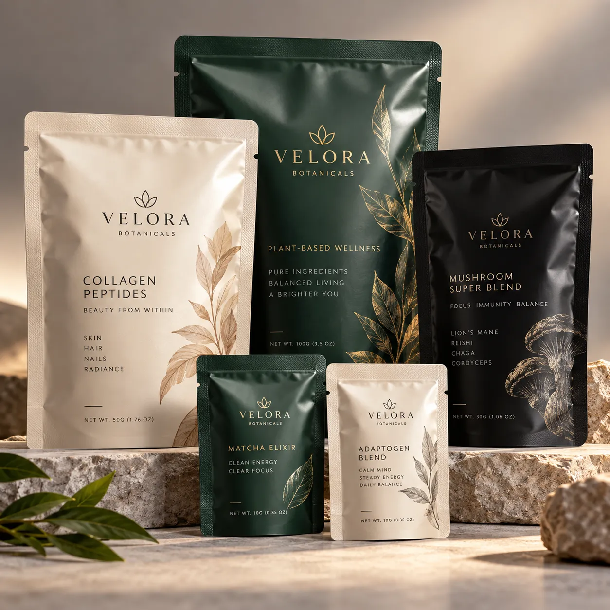 Velora Botanicals premium wellness packaging collection featuring collagen peptides, mushroom blend, matcha elixir, and adaptogen sachets in cream,...