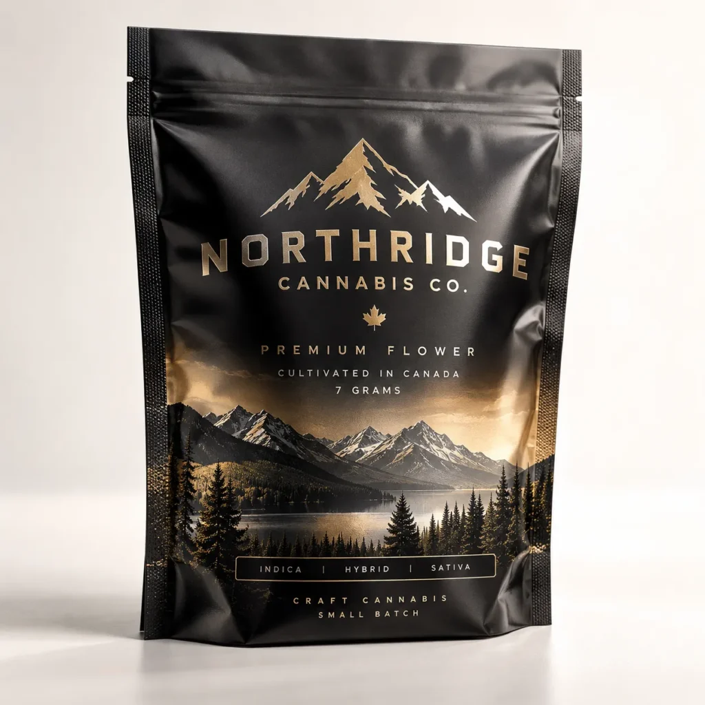 Black matte cannabis mylar bag with gold mountain logo for Northridge Cannabis Co. 7g premium flower craft packaging design