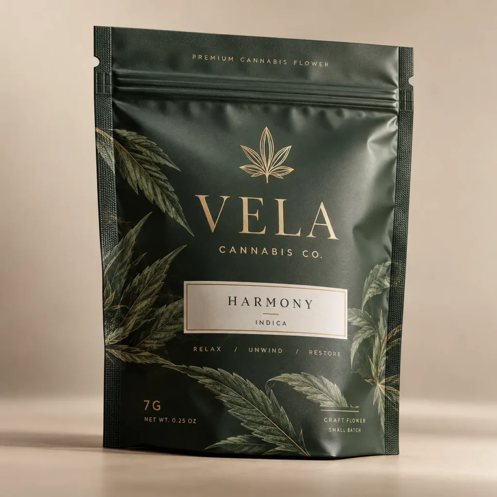 Dark green matte cannabis packaging bag with gold foil branding for Vela Cannabis Co. Harmony Indica, 7g premium craft flower pouch