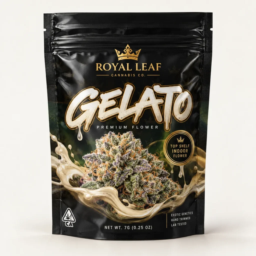 Black mylar cannabis packaging bag for Gelato strain by Royal Leaf Cannabis Co., gold crown logo, purple trichome-covered buds, 7g