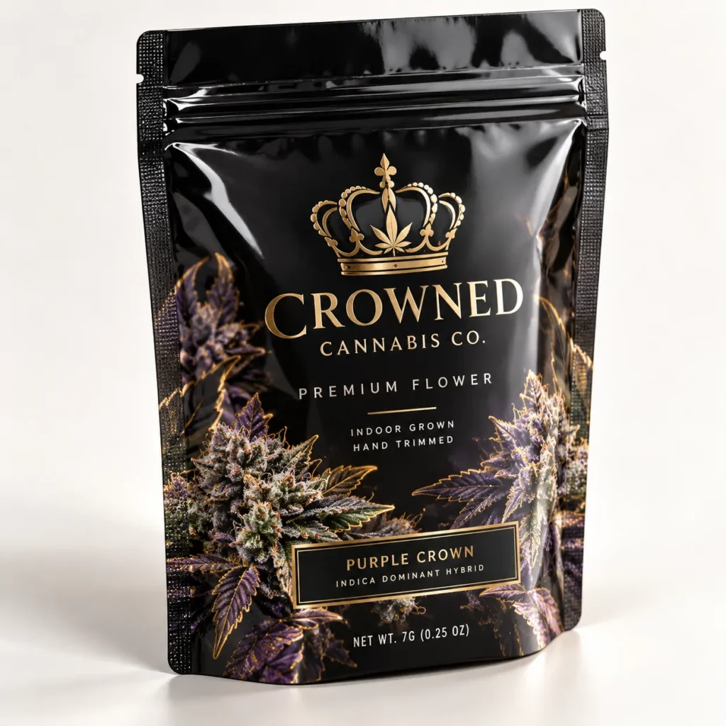 Black glossy cannabis mylar bag for Crowned Cannabis Co. Purple Crown indica flower, gold crown logo, 7g premium packaging design