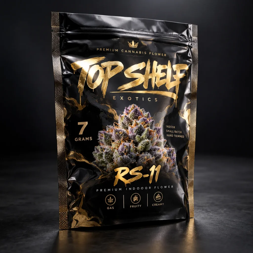 Premium cannabis flower packaging bag, black and gold design, Top Shelf Exotics RS-11 7g mylar bag with purple bud