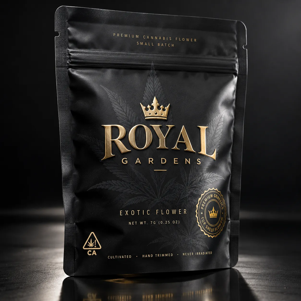 Black matte cannabis mylar bag with gold Royal Gardens logo, crown emblem, exotic flower packaging, 7g premium small batch design