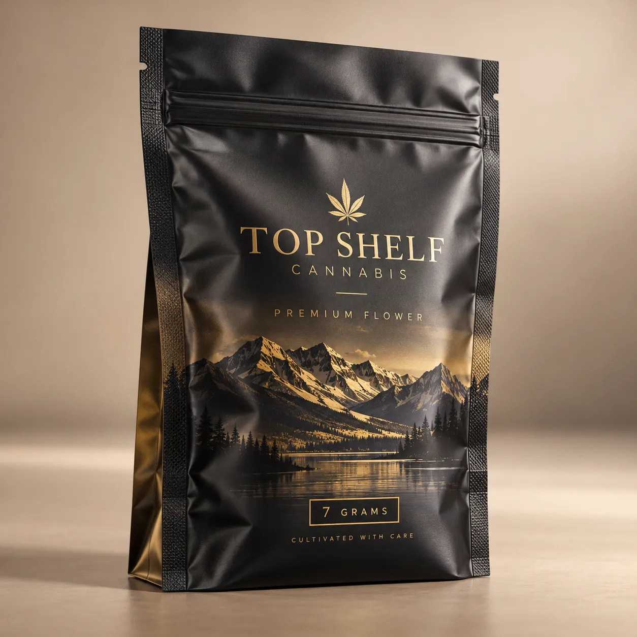 Matte black cannabis packaging bag with gold Top Shelf Cannabis Premium Flower branding, mountain lake design, 7 grams, luxury mylar pouch