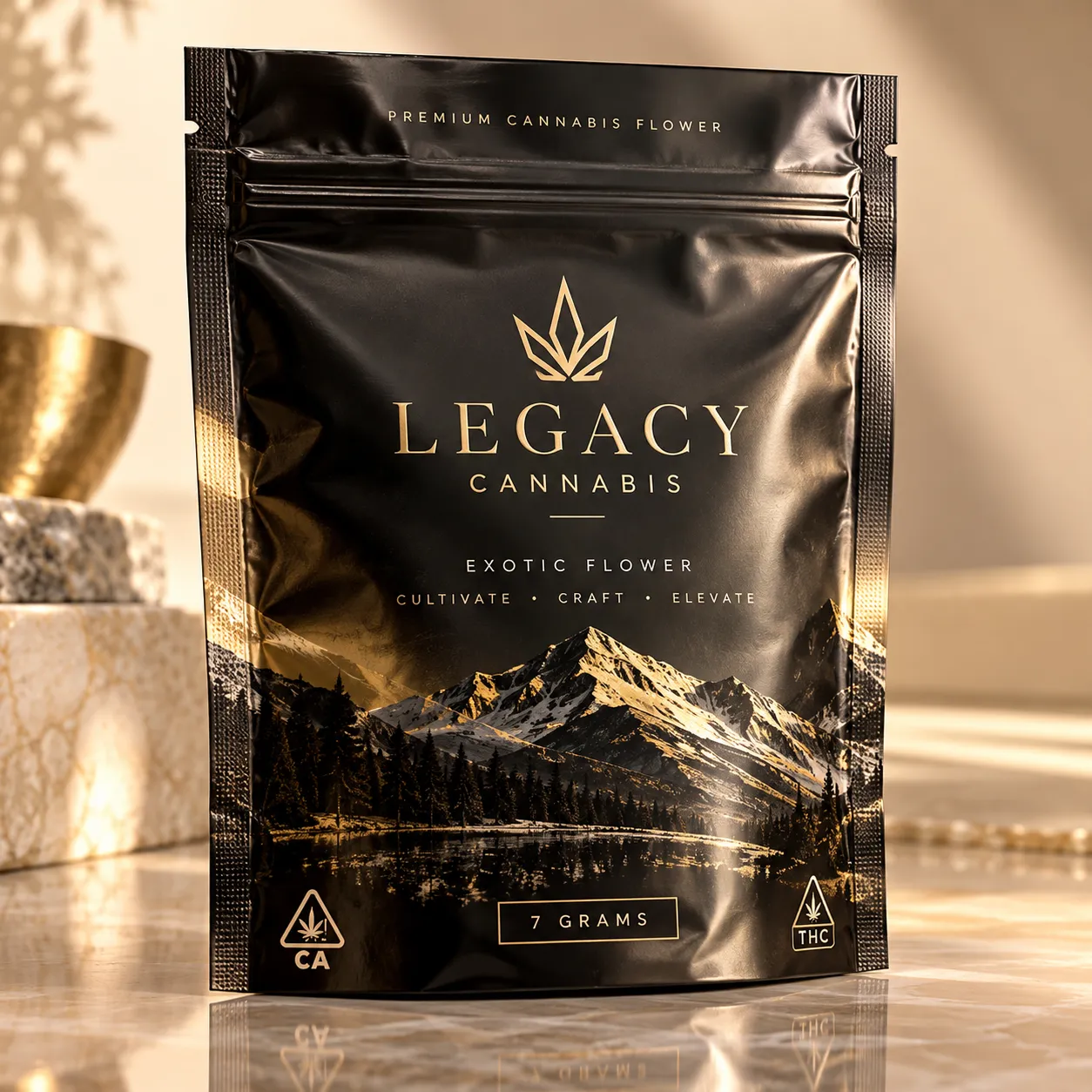 Black gold luxury cannabis packaging bag for Legacy Cannabis Exotic Flower, 7g premium flower, mountain landscape design, California THC