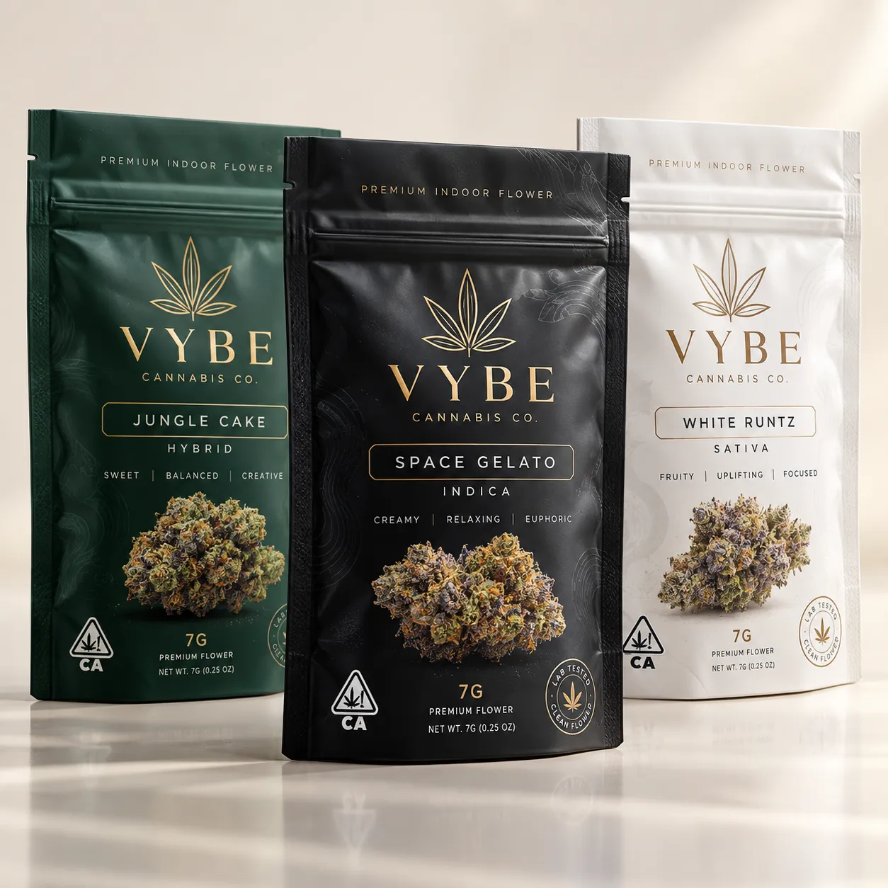 Three Vybe Cannabis Co premium indoor flower mylar bags in green, black, and white displaying Jungle Cake, Space Gelato, and White Runtz strains