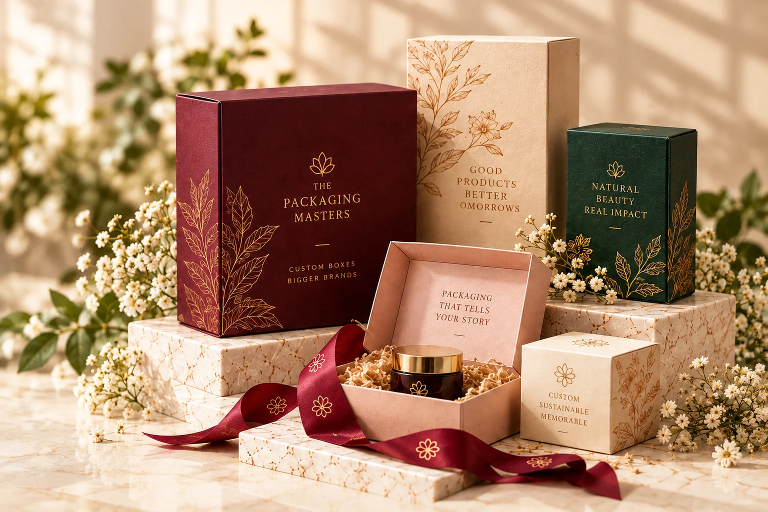 Custom botanical gift boxes on marble plinths by The Packaging Masters