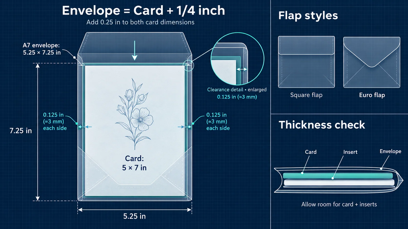 Greeting card envelope size diagram showing a 5 x 7 card inside an A7 5.25 x 7.25 envelope with 1/8 inch clearance