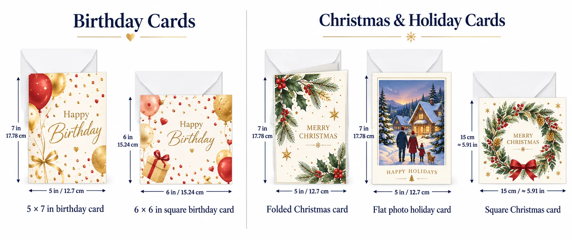Standard birthday card size and Christmas card size comparison with 5x7, square and photo card dimensions