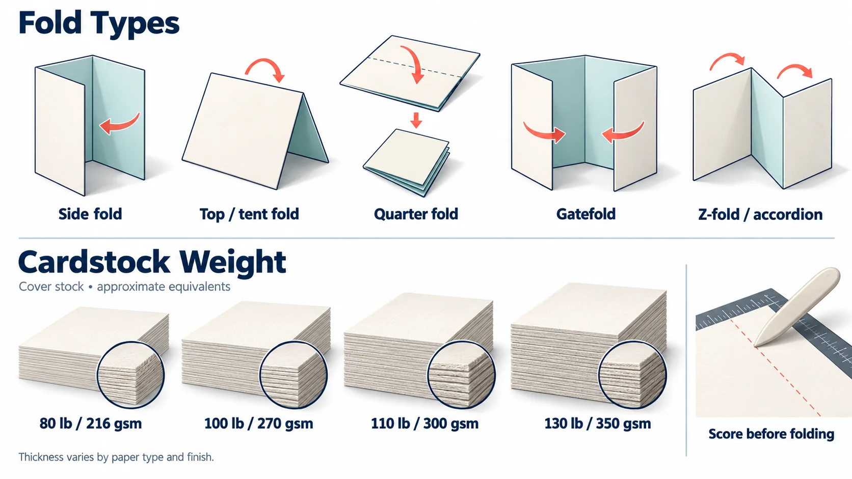Greeting card fold types (side, top, quarter, gatefold, z-fold) and cardstock paper weights from 80 lb to 130 lb cover