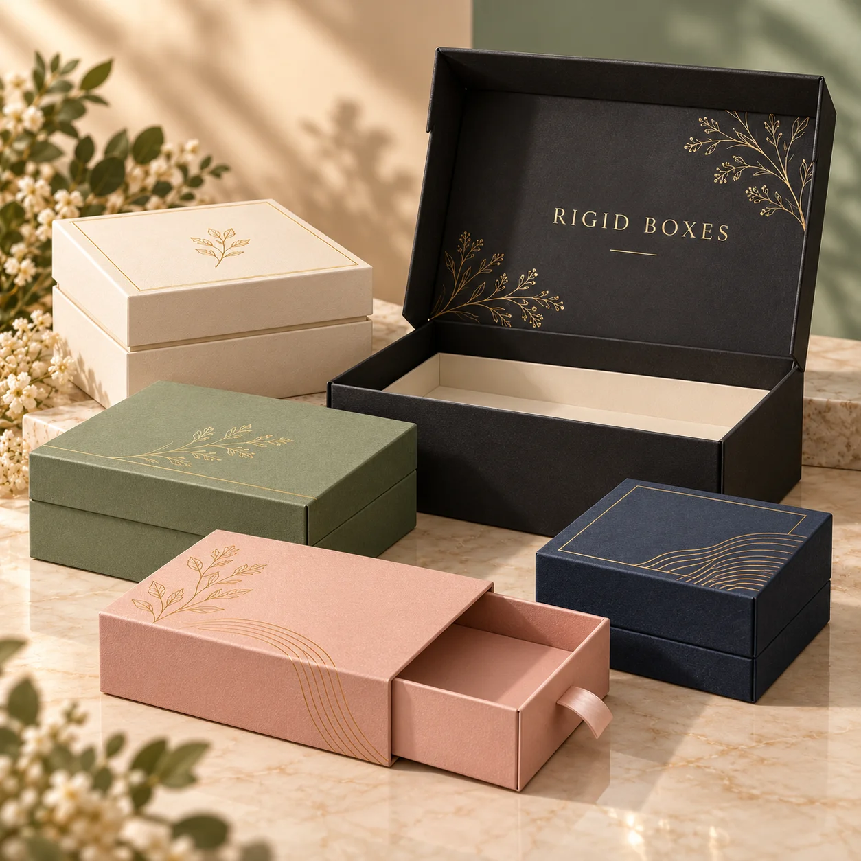 Luxury rigid gift boxes in black, green, pink, and navy with gold floral foil designs on marble surface