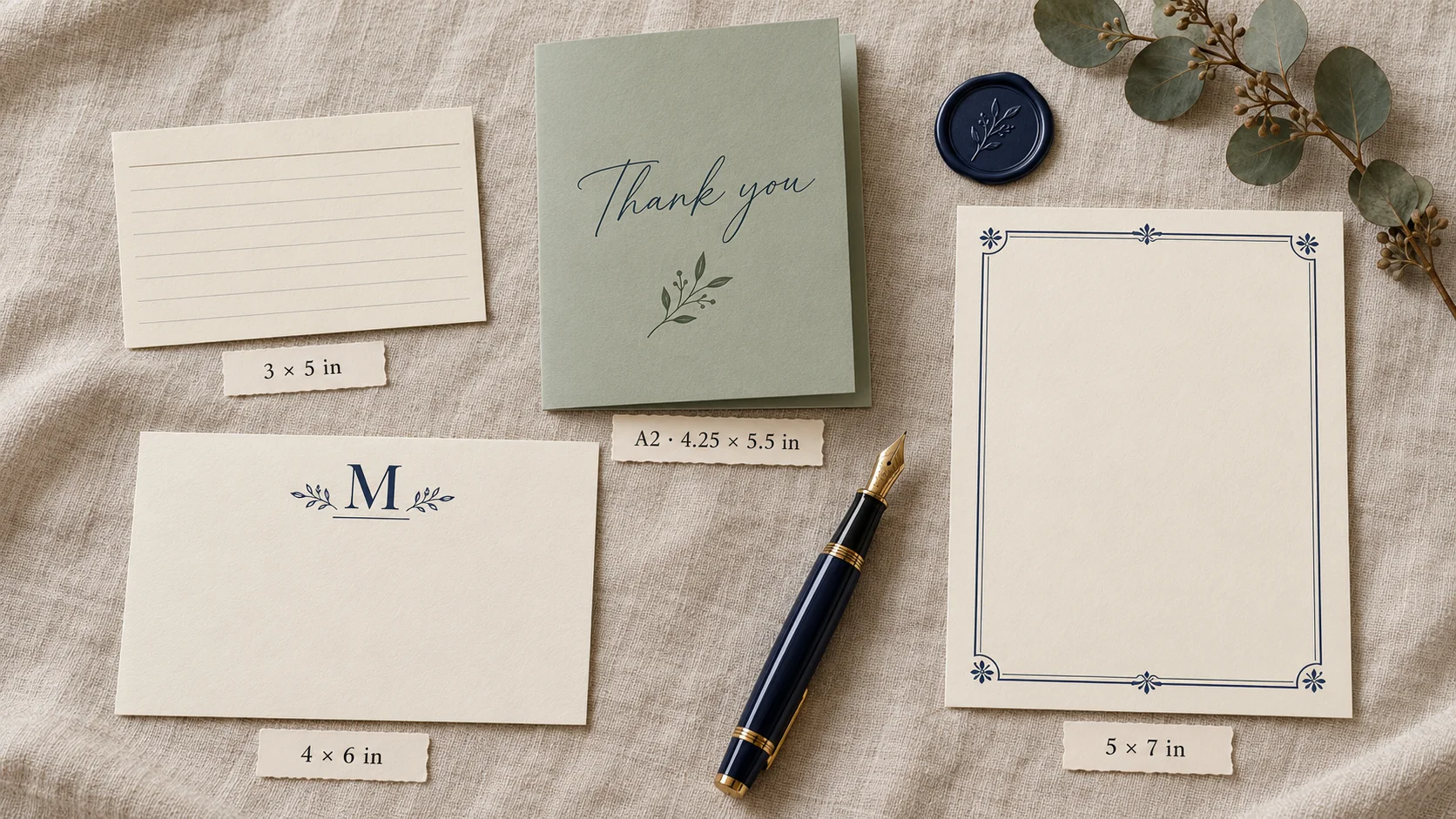 Standard thank-you card size A2 4.25 x 5.5 inches compared with 3x5, 4x6 and 5x7 note cards