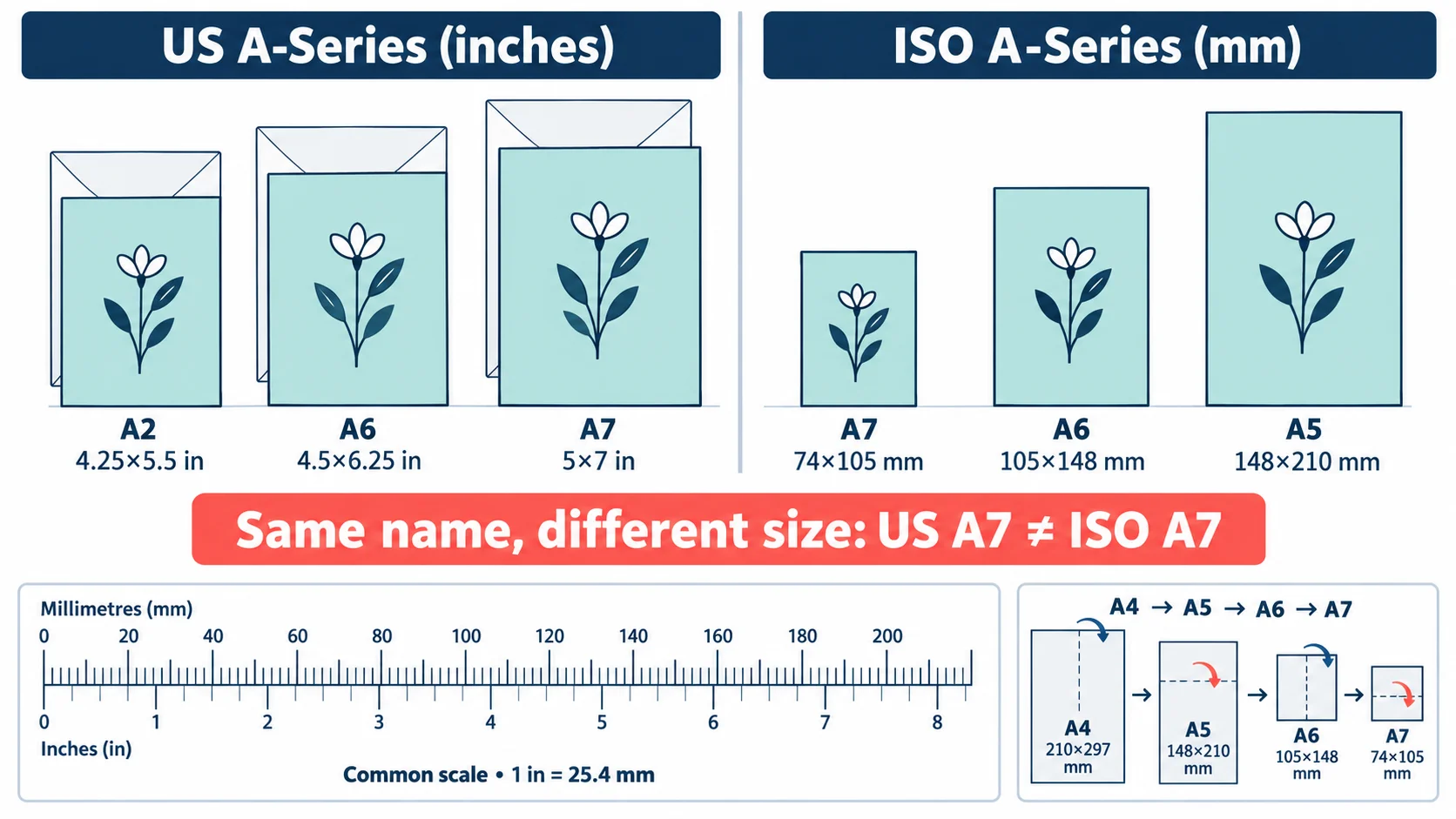Comparison of US A-series greeting card sizes in inches and ISO A-series card sizes in mm showing US A7 is larger than ISO A7