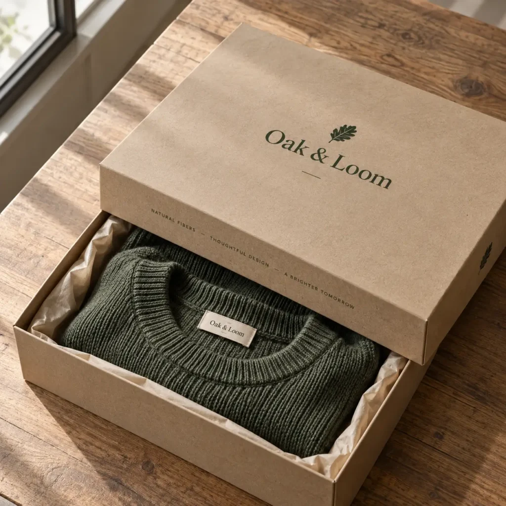 Forest green knit sweater in open kraft cardboard gift box with Oak & Loom branding, natural sustainable packaging on wood table