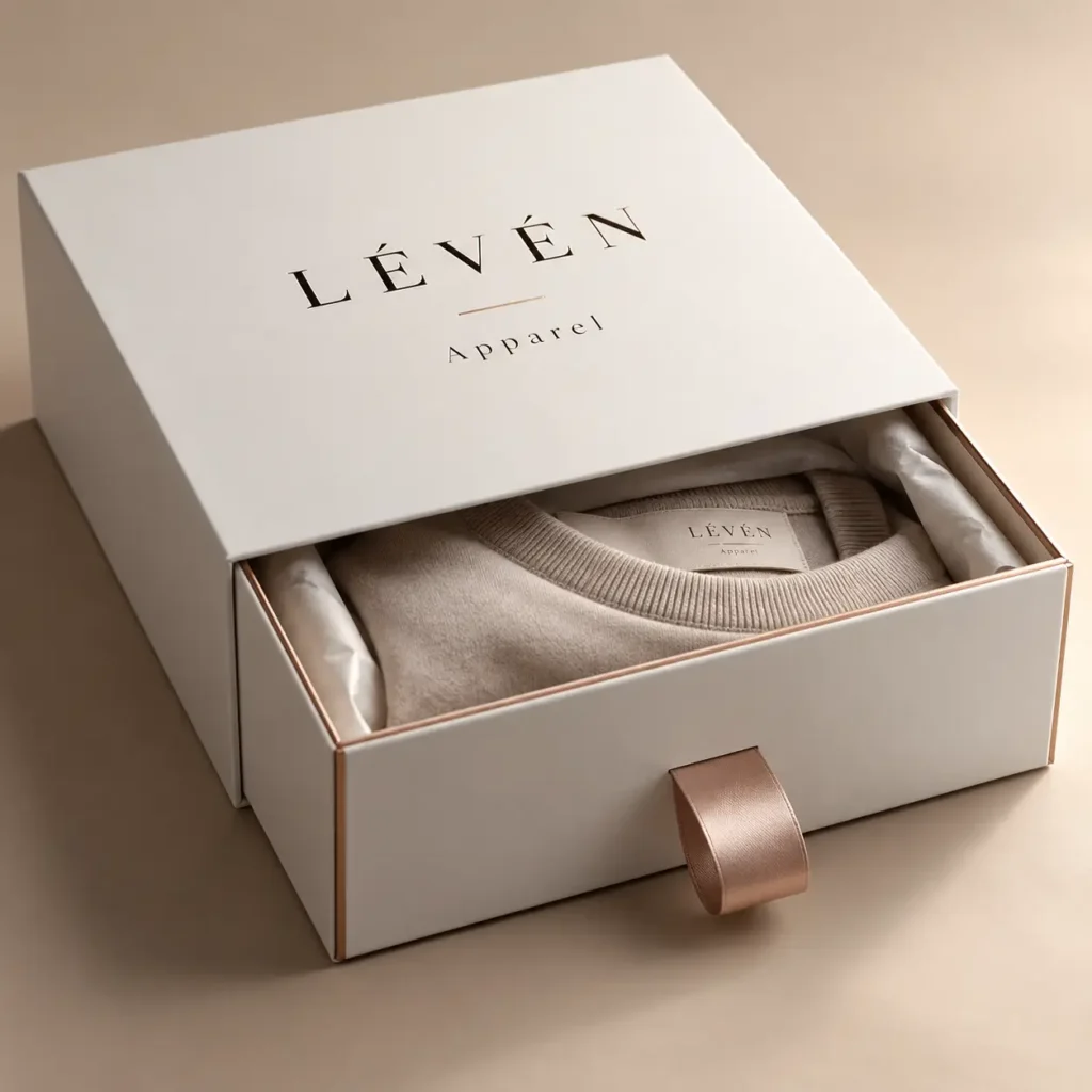 Luxury white drawer gift box with rose gold ribbon, beige knit sweater inside, Leven Apparel branded premium packaging design
