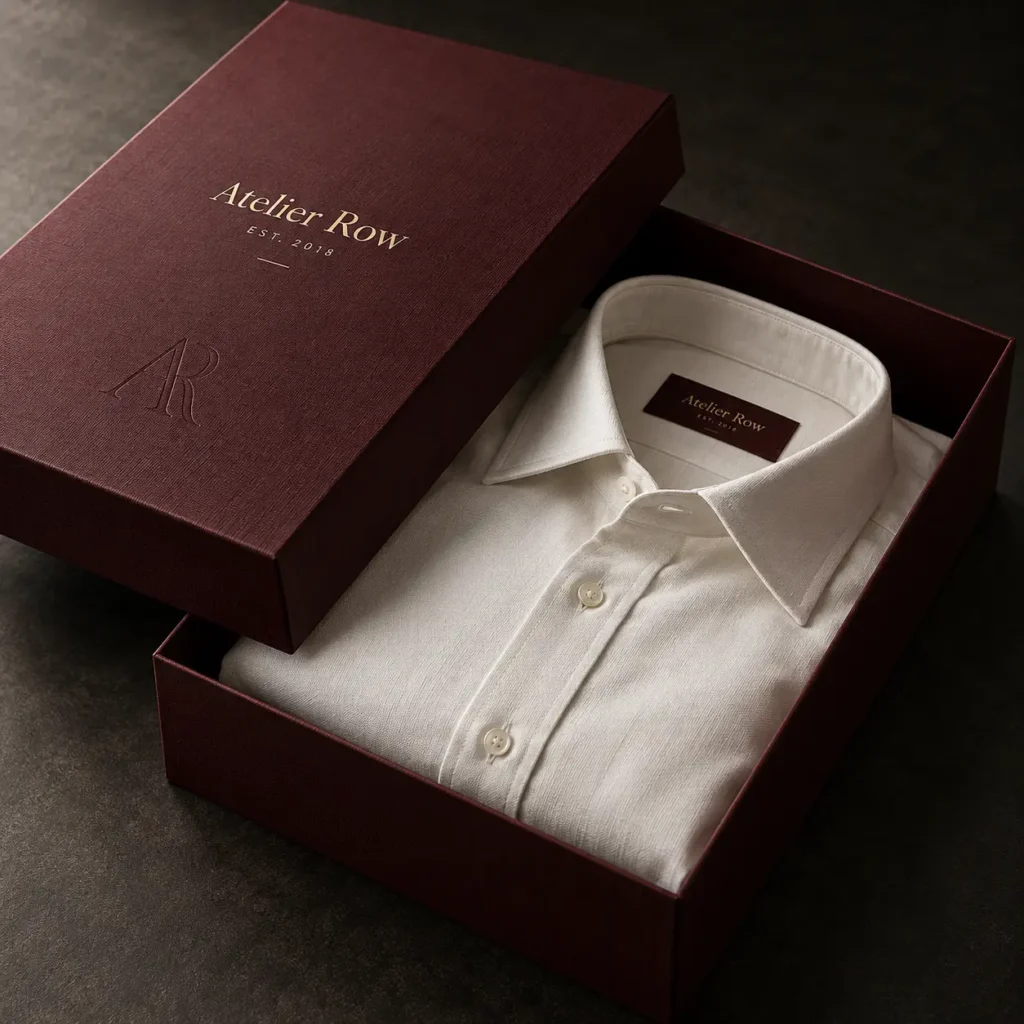 Luxury burgundy gift box with gold Atelier Row branding holding folded white dress shirt, premium packaging design