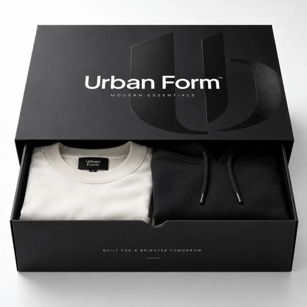 Luxury black drawer gift box with Urban Form Modern Essentials branding, white crewneck and black hoodie folded inside