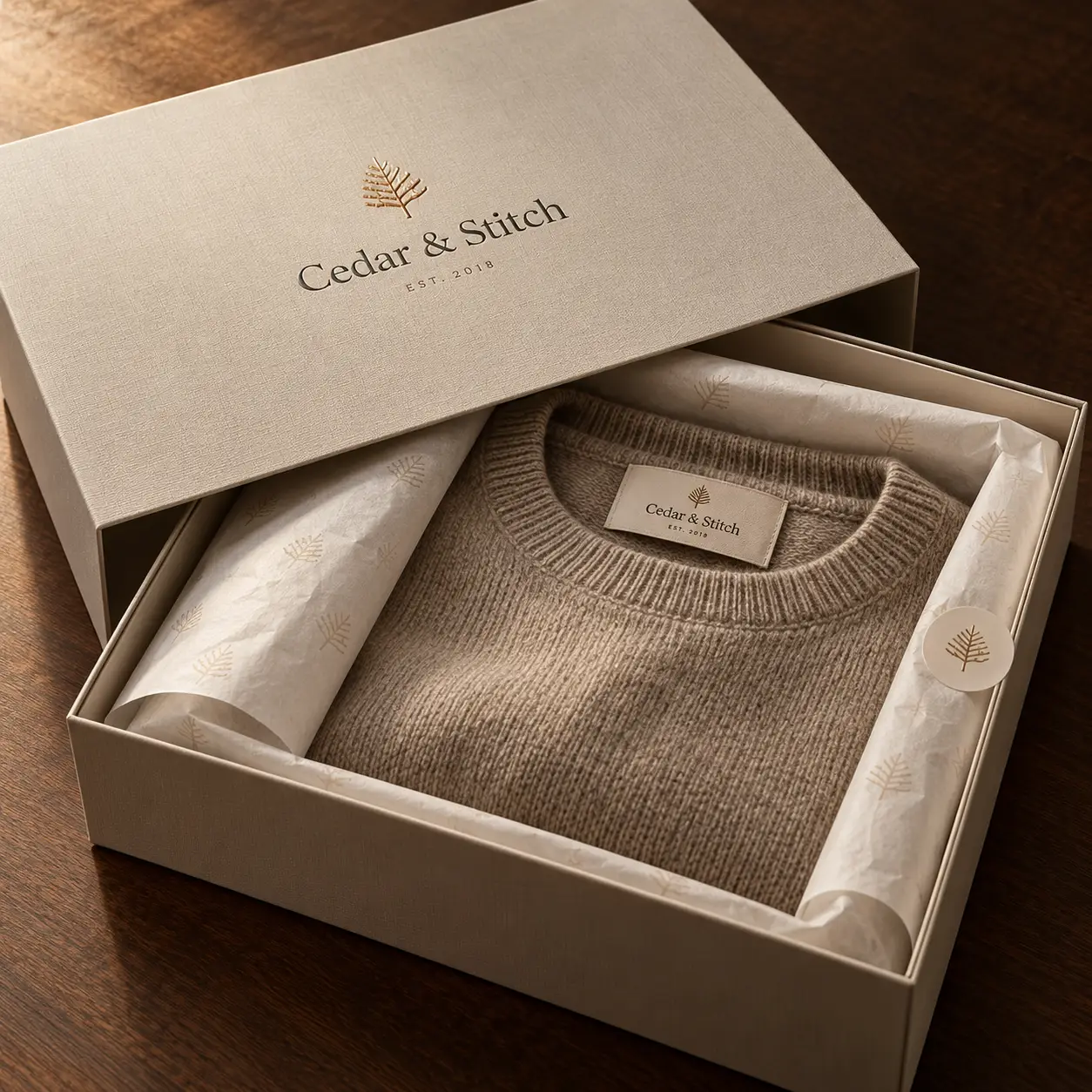 Luxury beige gift box packaging with Cedar & Stitch branded sweater, tissue paper, and gold fern logo, elegant unboxing presentation