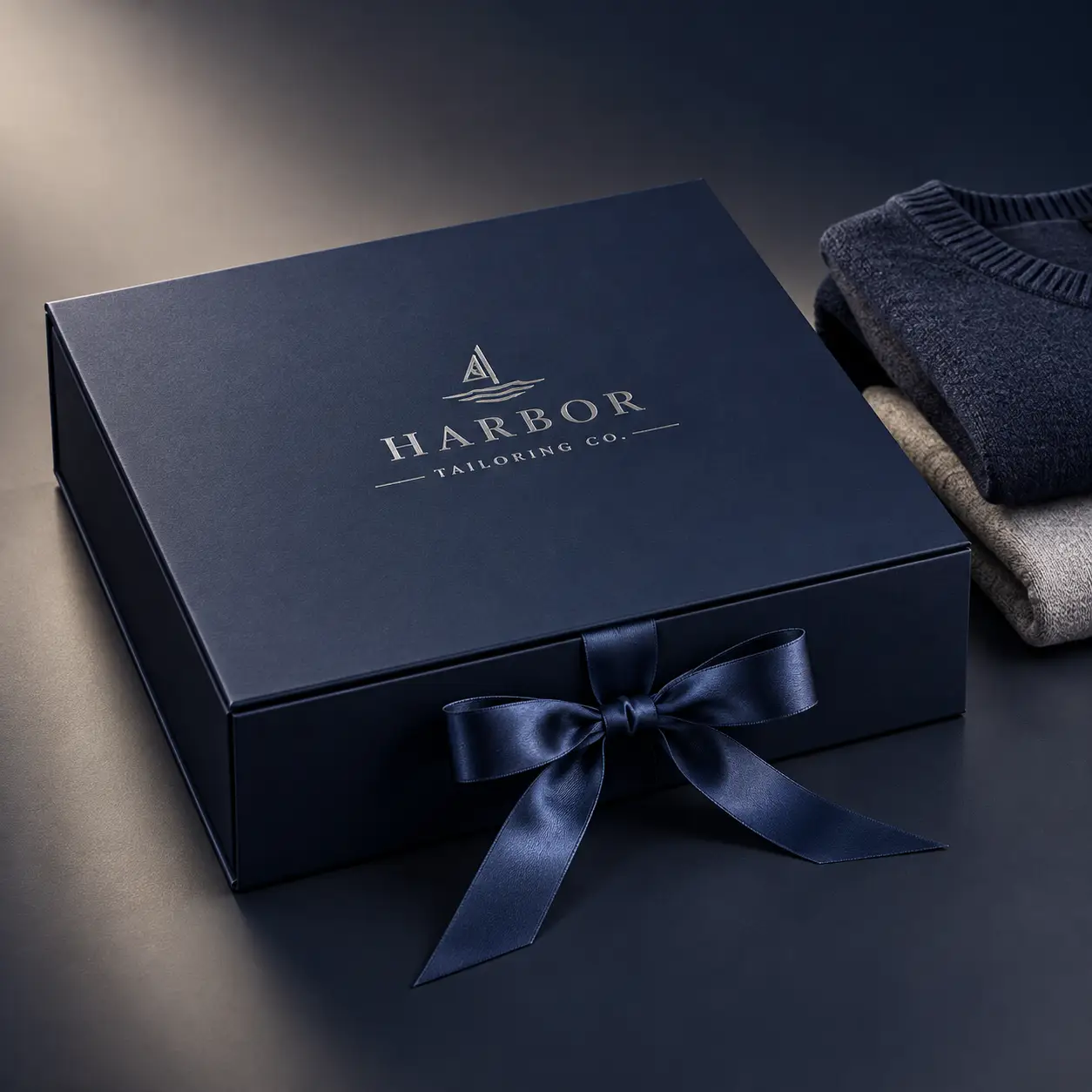 Navy blue luxury gift box with silver Harbor Tailoring Co. logo, satin ribbon bow, folded sweaters beside, elegant packaging design