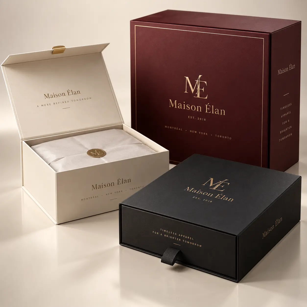 Luxury Maison Élan gift boxes in burgundy, black, and cream with gold foil branding, premium apparel packaging design