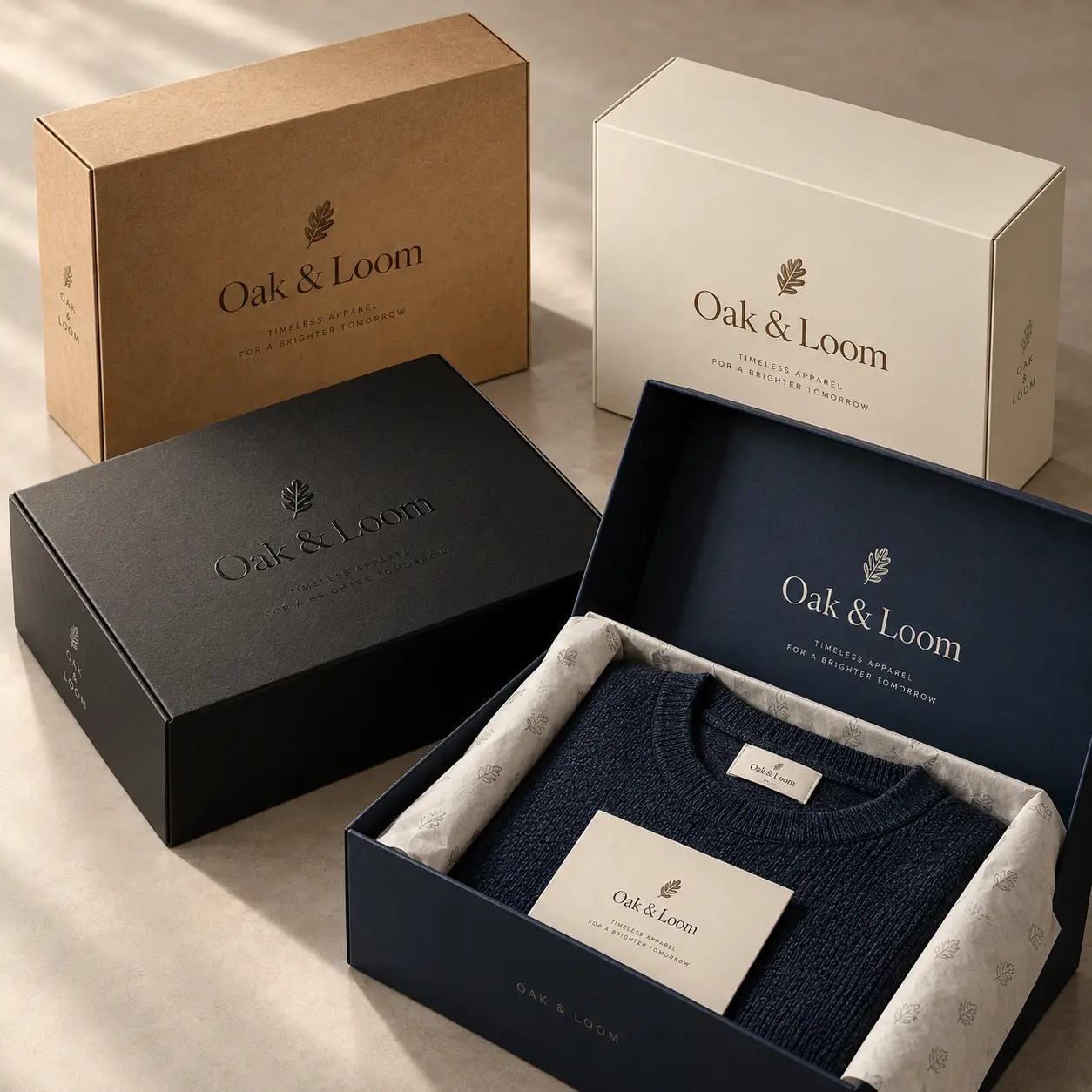 Luxury Oak & Loom branded packaging boxes in navy, black, kraft, and cream with folded navy sweater inside premium gift box